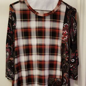 Plaid & Paisley loose fit handkerchief hem red & black long sleeve shirt
